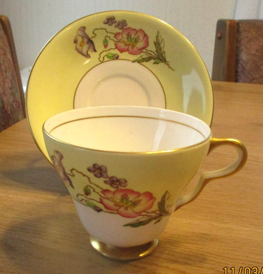 Vintage Taylor & Kent Teacup & Saucer - Yellow Back w Pink Floral Pattern