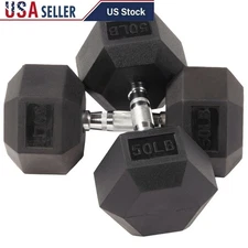 Rubber Hex Dumbbells Pair 50lbs Non-Slip Grip Space Saving Strength Training New