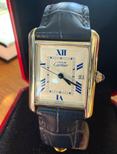Must de Cartier Tank 2414 925 Silver Blue Roman Numeral Date Quartz Watch Large