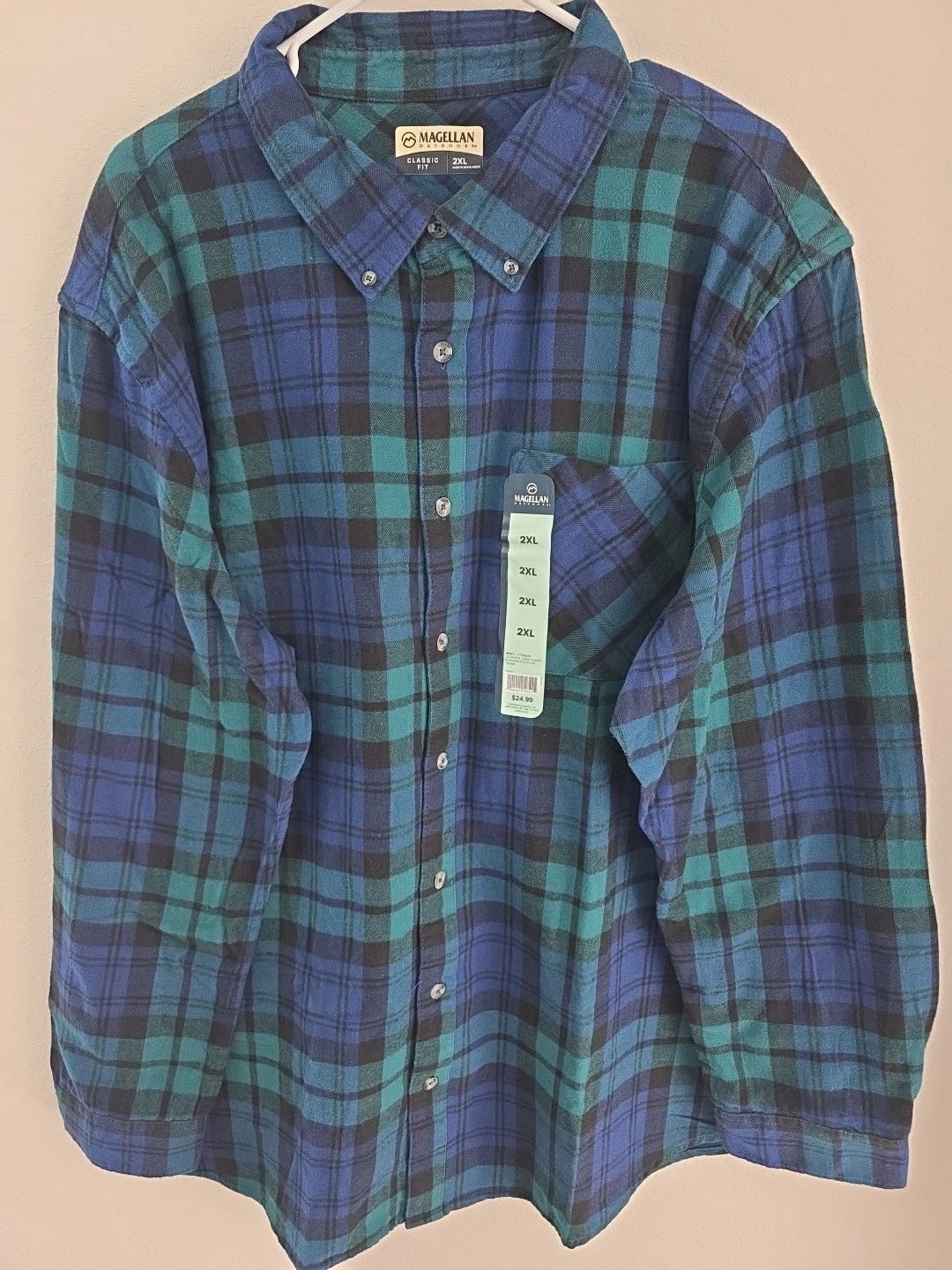 Magellan Outdoors Flannel Shirt Mens 2XL Plaid Blue Green Cotton