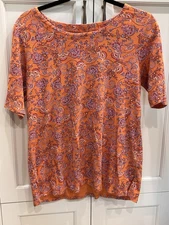 J JILL Shirt Women’s Size M Orange Multicolor Paisley Short Sleeve Pima Cotton