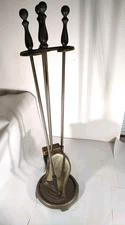 Fireplace Tool Set 4 Piece Shovel Broom & Poker & Stand Cast Iron Gold Tone