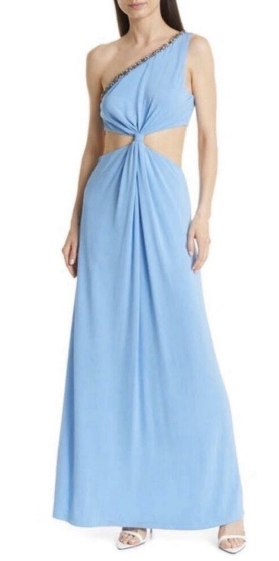 Ramy Brook Hailey One-Shoulder Cut-Out Gown Size 8 $785 Blue Rhinestone Goddess