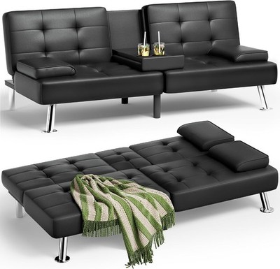 NEW JUMMICO Faux Leather Futon Sofa Bed Futon Couch with Removable Armrests Ad