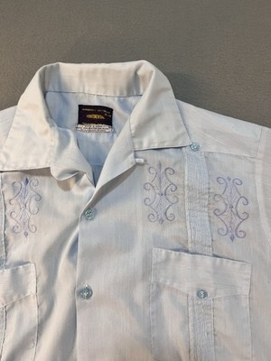 Vintage Continental Guayabera Shirt Xl 42 Mens Button 80s Dacron Cuban Blue