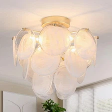 Flush Mount Ceiling Light Chandelier, Gold Swirl Glass Plates Mid Century Modern