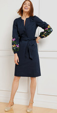 Talbots Sz S Navy Embroidered Poplin Shirtdress Shirt Dress