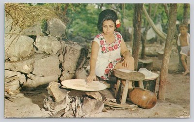 Uman Yucatan Mexico Beautiful Mestiza Making Tortillas of Mashed Corn 1972