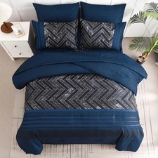 Navy Blue Comforter Set King Size, 7 Pieces Stripe Geometric Bed in a Bag, Soft