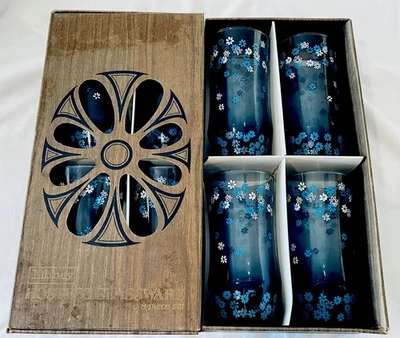New in Box 8 Libbey 6" Blue Drinking Glasses Daisy Spring Blossom Strawflower