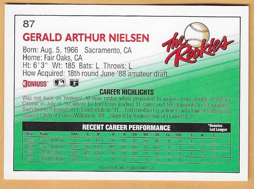 JERRY NIELSEN NEW YORK YANKEES #87 - DONRUSS THE ROOKIES NM-MT 1992 - Picture 2 of 2