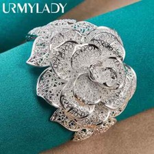 URMYLADY 925 Sterling Silver Flower Bangle Cuff Bracelet For Women Charm Jewelry