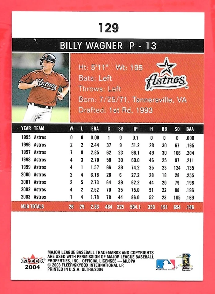 2004 Fleer Ultra #129 Billy Wagner - NRMT - Image 2 of 2