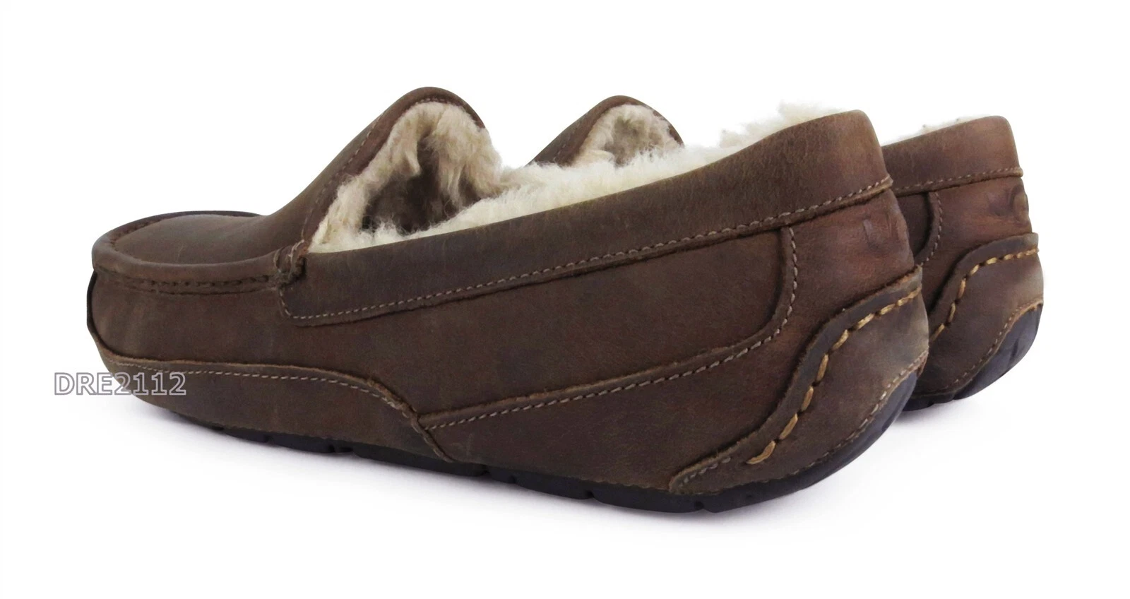 UGG Ascot Ciabatte Uomo Pelle Opaca Pelliccia Marrone Taglia 10 EEE WIDE NUOVE 