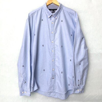 Tommy Hilfiger Men's Blue Anchor Print Nautical Shirt Button Front Long Sleeves