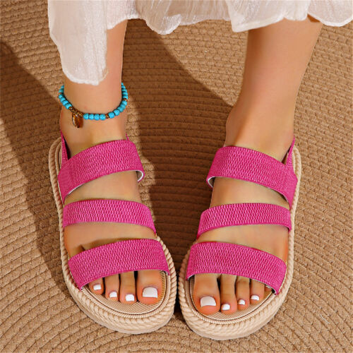 Women's Flat Sandals Elastic Starps Open Toe Slip On Summer Casual Dressy Shoes - Picture 5 of 22