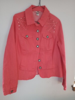 CHRISTOPHER & BANKS Women Size S Coral Jean Jacket Bling Button-Down Long Sleeve