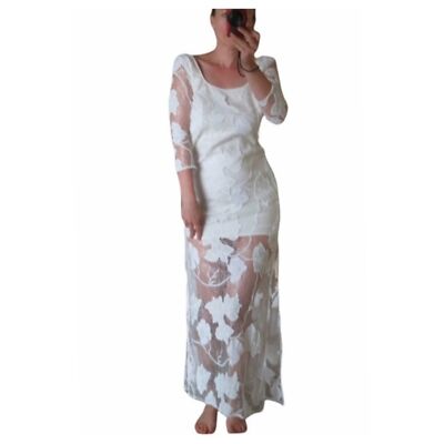 Line and Dot Lace Maxi Dress white long sexy floral Sheer Size Small