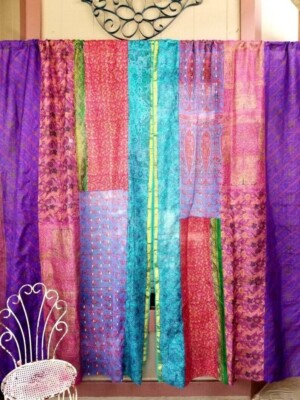 2 Pcs Indian Sari Patchwork Curtain Drape Window Decor Multi Silk Sari Curtain