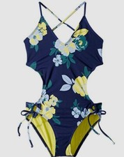  193 Splendid Girls' Blue Yellow Floral Ruched V-Neck One-Piece Swimsuit Size 10