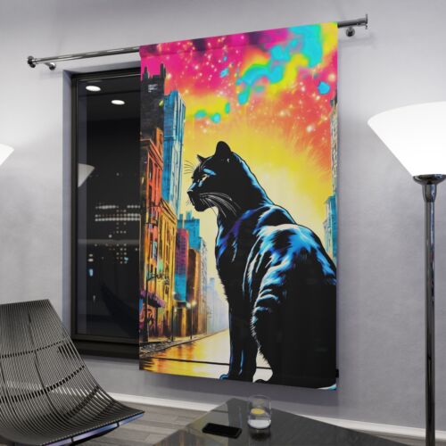 Cat Art Window Curtain, Black Cat, Colorful Home Decor, Cat Lovers Gift