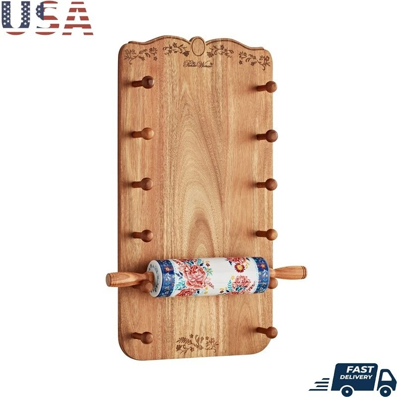Ceramic French Rolling Pin Set Acacia Wood Handles Floral Design Kitchen Gift US