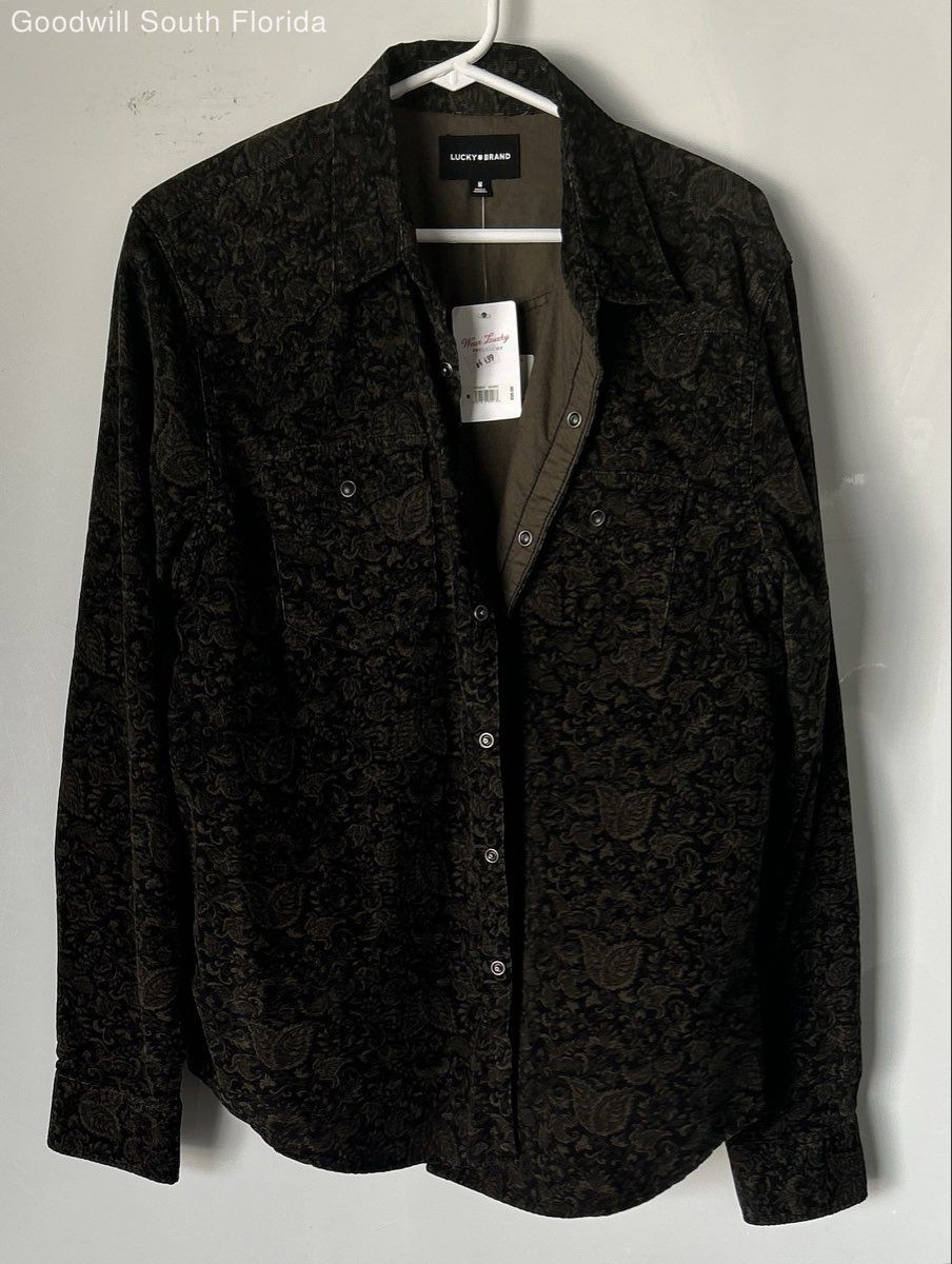 Lucky Brand Mens Black Green Printed Long Sleeve Snap Front Shirt Size M w/ Tags