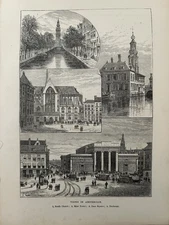 Antique Print 1880 Amsterdam Mint Tower Dam Square Dutch Architecture Engraving