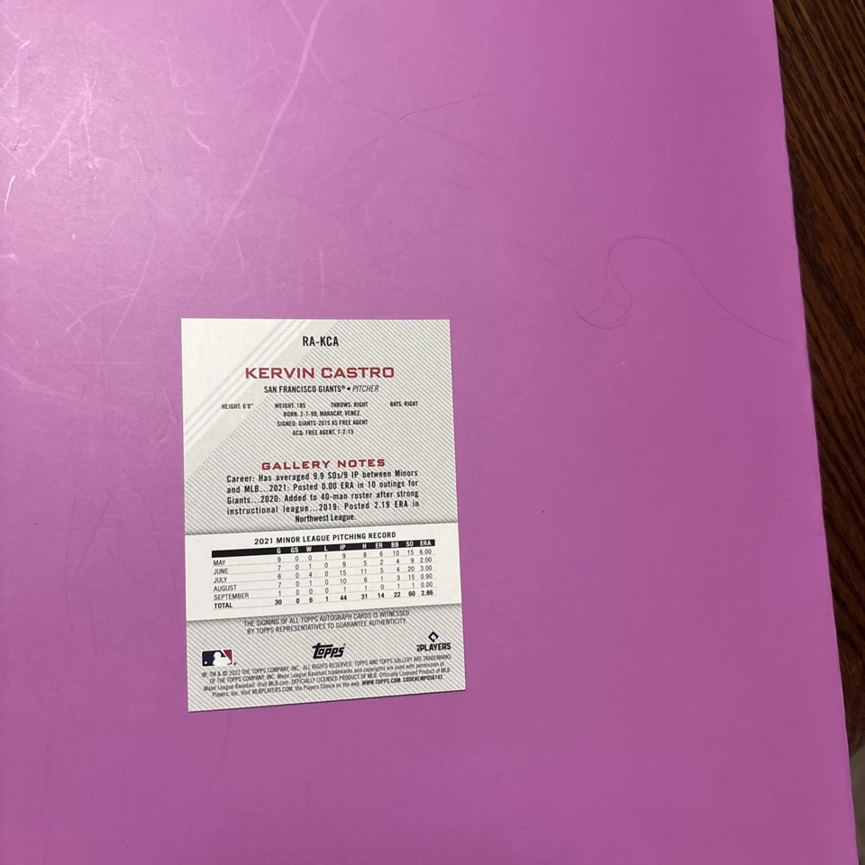 2022 Topps Gallery - Rookie Autographs Kervin Castro #RA-KCA (AU, RC) - Image 2 of 2