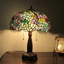 Tiffany Stained Glass Lamp 2 Light Wisteria Lavender Shade Antique Bronze Decor