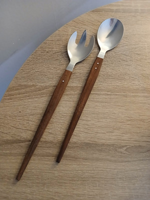 Vintage Mid Century Danish Teak Stainless Steel Salad Servers