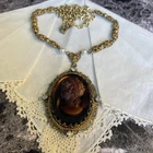 Vintage Signed West Germany Brown Cameo AB Rhinestone Gold Tone Necklace CJ-46