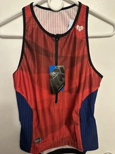 EUC My Kilometre Womens Tri Singlet Tank Triathlon Top M red/blue Half Zip