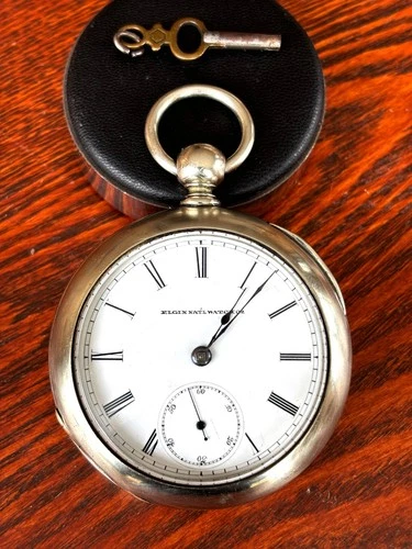 Huge 1885 Elgin 18 Size 7J Grade 97 Key Wind/Set Silveroid Case W/Key Runs Well!