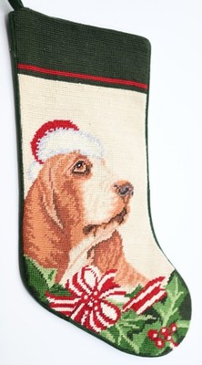 Rare Bassett Hound Dog Needlepoint Christmas Stocking 17 L  7 W NWOT