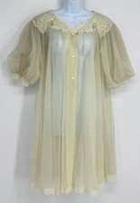 Vintage Shadowline Peignoir Robe Sheer Chiffon Nylon Lace Puff Sleeve Small Yell