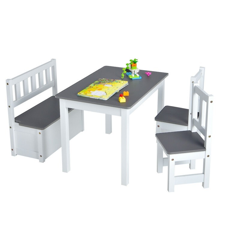 4 PCS Children Wooden Activity Table Set With 2 Chair Storage Bench & Study Desk