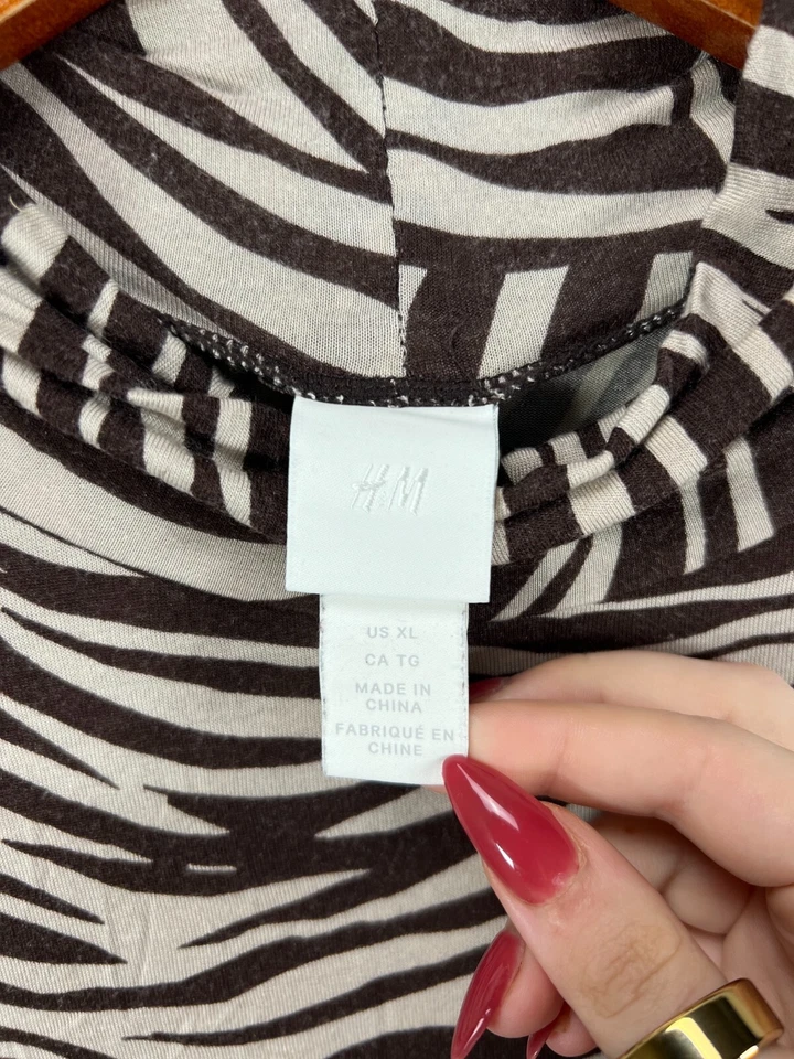 H&M Mujer Cebra Cuello Alto Top Marrón Manga Larga Camisa Monocromática Modal Tejido Foto 4 de 4