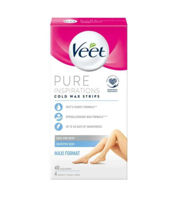 Veet Pure Hair Removal Cold Wax Strips Legs & Body for Sensitive Skin 40 Pack
