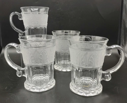 Vtg Athens Glass Crystal Mug Cup Satin Band Acanthus Leaf Art Deco Set Of 4