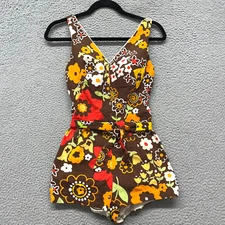 Vtg Playsuit Romper Brown Floral Mod Art Deco 60's 70's Retro Pinup Beach