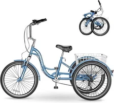 MOONCOOL Adult Folding Tricycle 7-Speed, 20/24/26-Inch Cruiser Bike with Basket