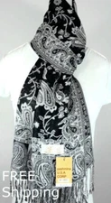Women's Pashmina Scarf Shawl Wrap Paisley White Black,Silk Cashmere*Soft