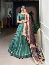 Indian Designer Chinon Silk Lehenga Choli With Tussar Silk Dupatta For Wedding