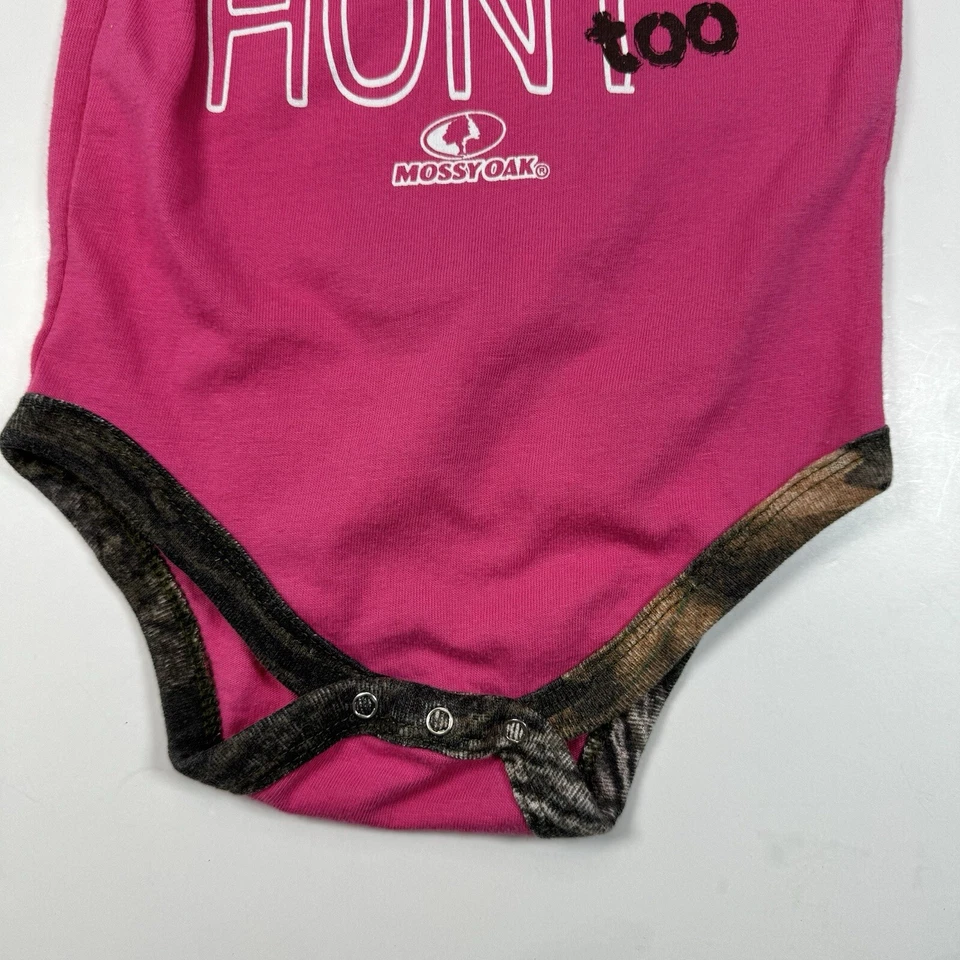 Mossy Oak Pink One Piece Bodysuit Baby Girls Hunting “Girls Hunt Too” 3/6M - Image 2 of 4