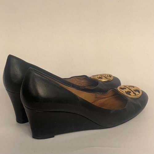 Tory Burch Black Leather Sally Wedge Pumps Size US 9 - Picture 7 of 20
