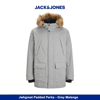 Jack & Jones Herren Langarm Wattierter Parka mit Fellkapuze - Grau Melange