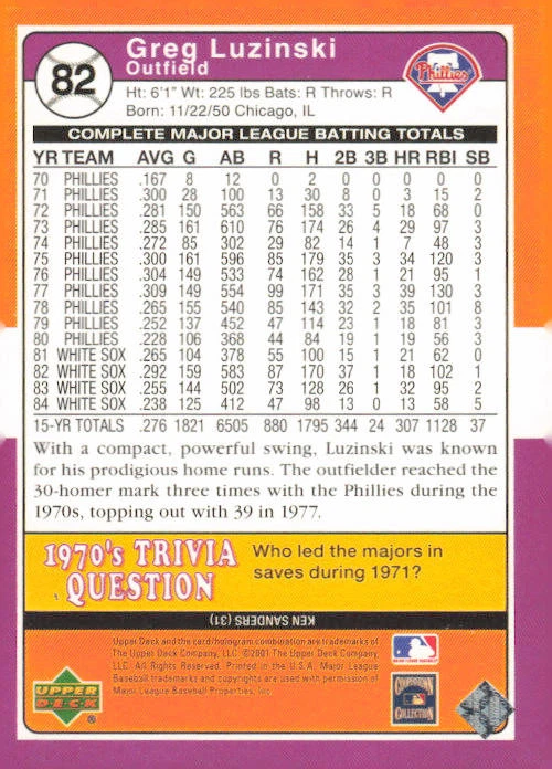 2001 Upper Deck Decade 1970's #82 Greg Luzinski - Image 2 of 2