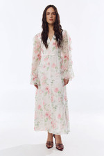 Floral Chiffon Maxi Dress, Sheer Long Sleeve Dress, Wedding Guest Outfit