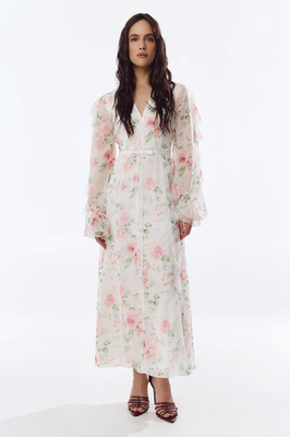 long sleeve bridesmaid dresses chiffon High-Slit Chiffon Bridesmaid Dress with Long Sleeves and Waist Pleating